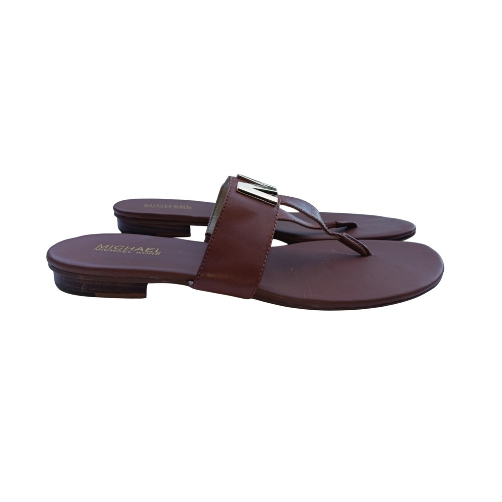 Michael Kors Womens Brown Leather MK Logo Thong Flat Sandals Size 9.5 M